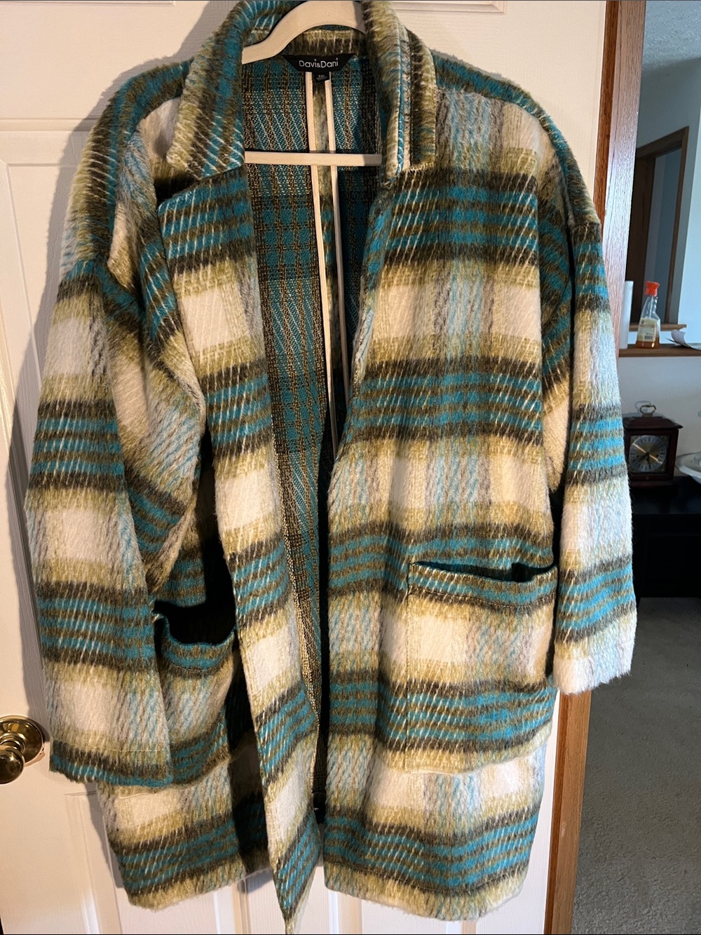 DAVI & DANI Teal, Olive & Cream Plaid Open Front Pea Coat